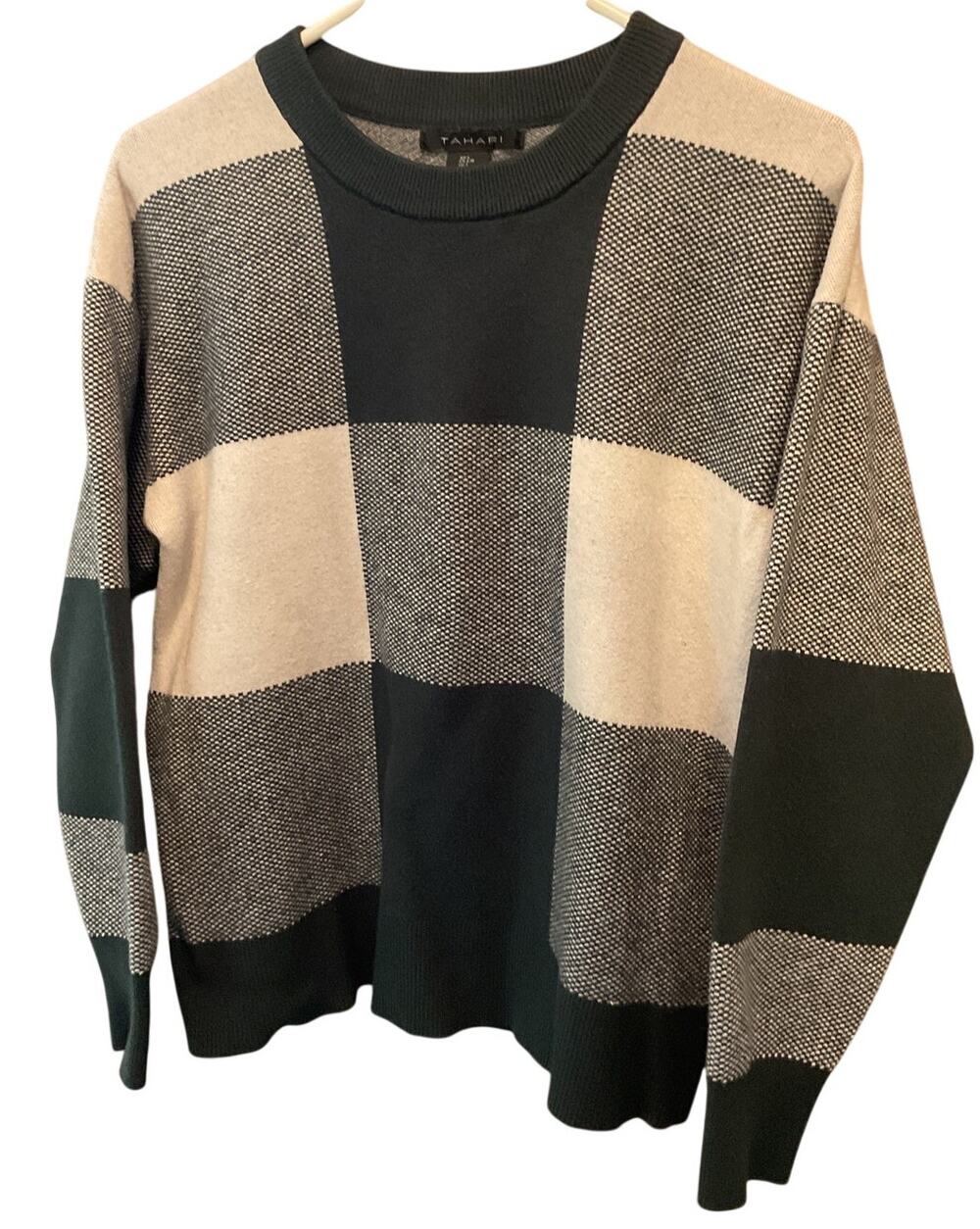 TAHARI Women’s Plaid Crewneck Neck Knit Sweater Size Large Green Cream
